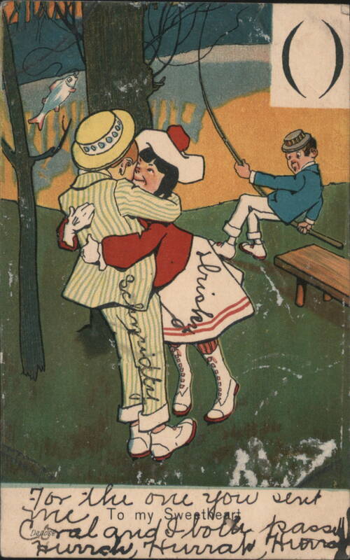 Young Couple Embracing, Boy Catching Fish in Tree, Comic Scene