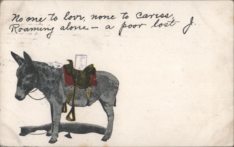 Saddled Donkey Mule Comic Postcard - No One To Love Verse