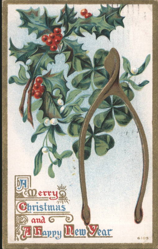 Merry Christmas & Happy New Year with Holly, Mistletoe, Shamrocks, Wishbone