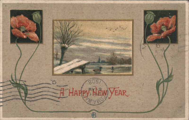 A Happy New Year 1908 Winter Landscape with Ducks and Art Nouveau Poppies