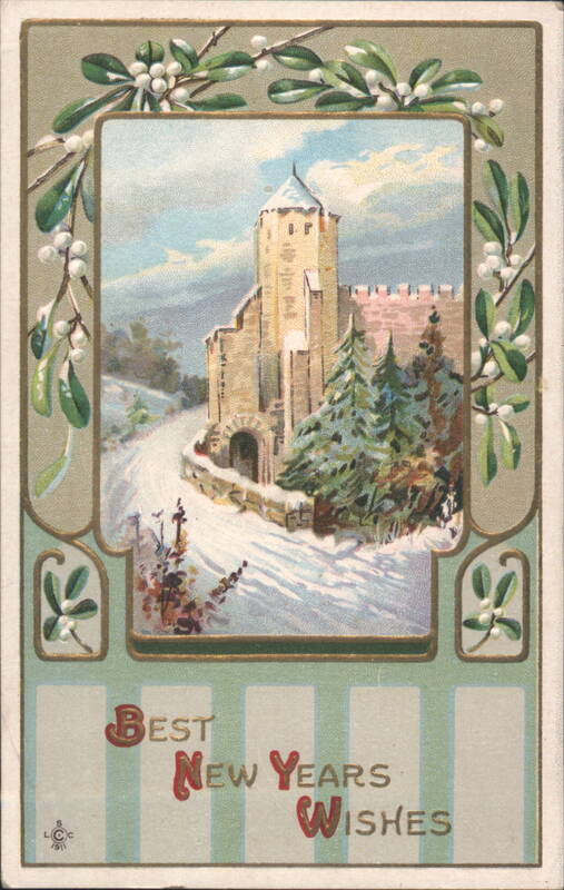 New Year's Wishes, Winter Castle Scene with Mistletoe Border