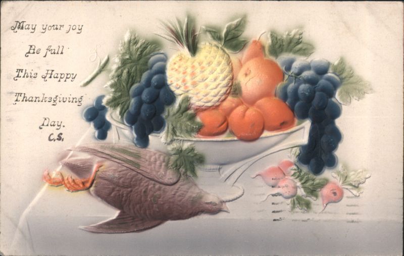 Happy Thanksgiving Greeting with Fruit Still Life and Game Bird