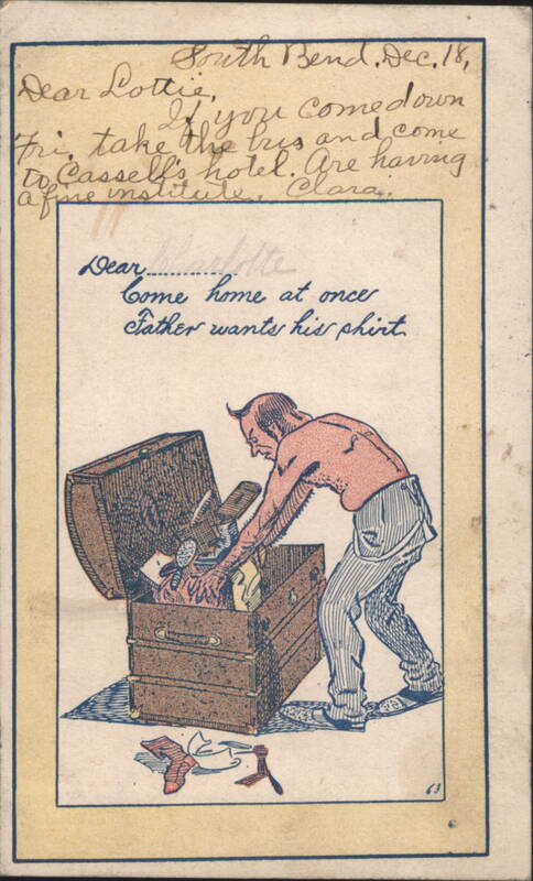 Comic Man Searching Trunk for Shirt, 'Father Wants His Shirt'