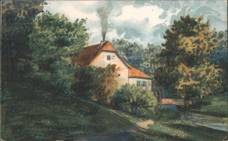Watermill House with Red Roof and Smoking Chimney, Wooded Landscape