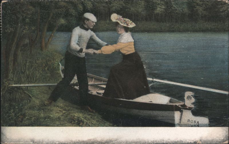 Couple in Rowboat Named Rosa, Man Helps Woman into Boat