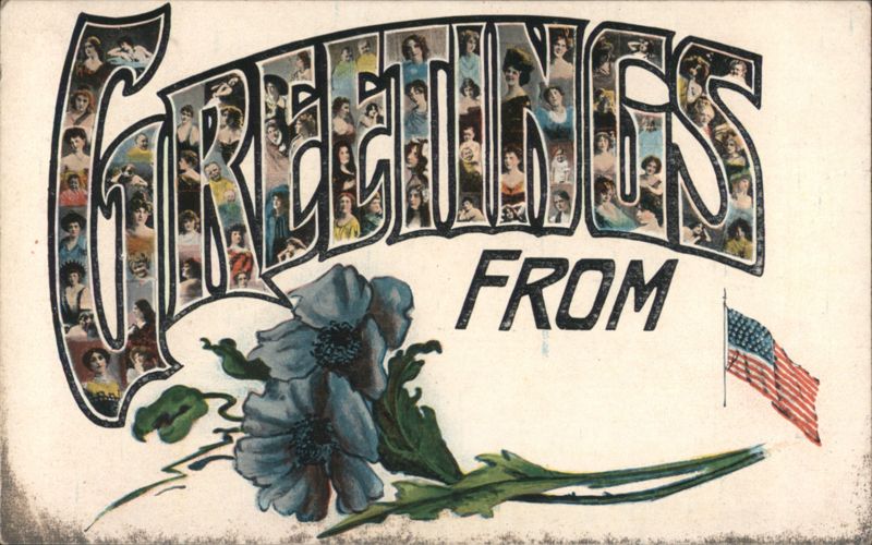 GREETINGS FROM Women's Portraits, Blue Flower, American Flag