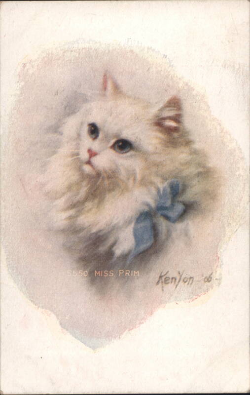 Miss Prim White Persian Cat with Blue Bow by Kenyon