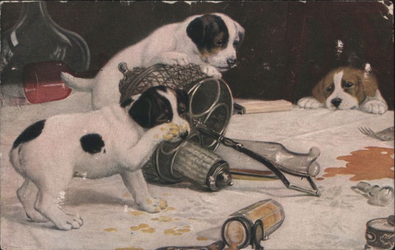 Mischievous Puppies Making a Mess on a Table with Spilled Milk