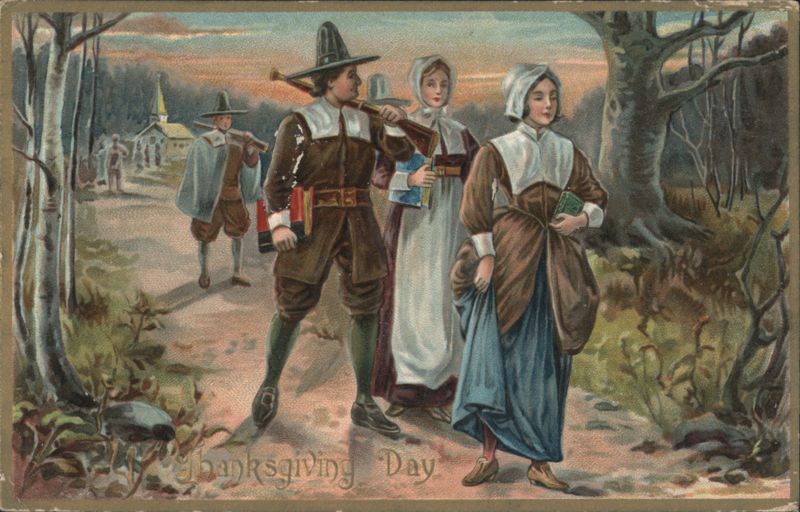 Pilgrims Walking Through Woods on Thanksgiving Day