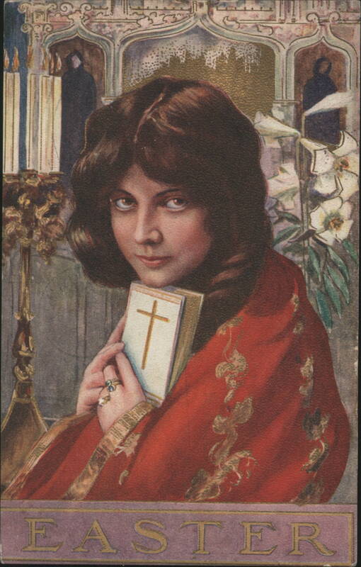 Woman in Red Cloak Holding Cross Book for Easter Crosses