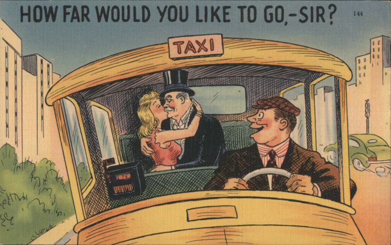 Comic Taxi Driver with Kissing Couple in Backseat Comic, Funny