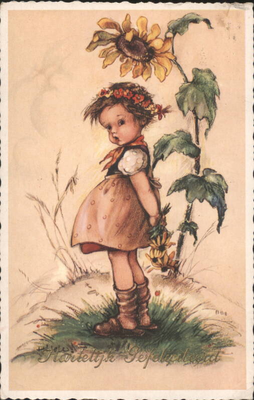 Girl with Sunflower & Flower Wreath, Dutch Birthday Greeting