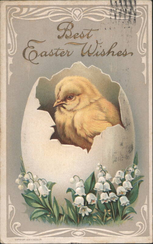 Best Easter Wishes Chick Hatching from Egg with Lily of the Valley