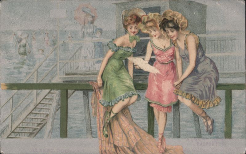Three Women in Bathing Suits on Pier, Albert Rosenthal Illustration