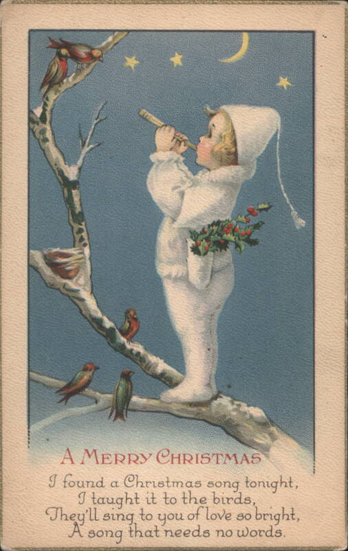 Christmas Child on Snowy Branch with Birds and Flute