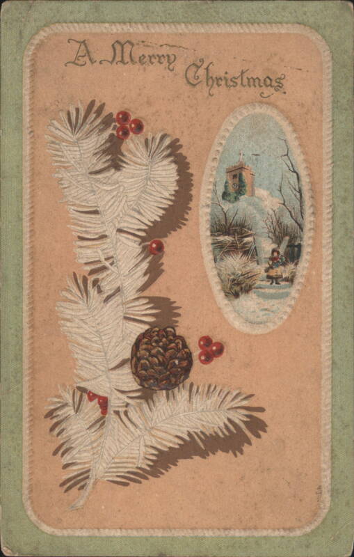 A Merry Christmas Pine Branch, Berries, Pinecone, Snowy Church Scene