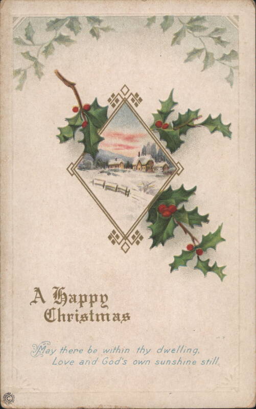 A Happy Christmas Winter Village Scene with Holly and Berries