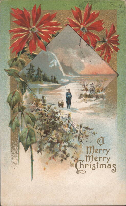Merry Christmas Winter Scene with Man, Sheep, and Poinsettias