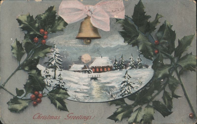 Christmas Greetings Winter Village Scene with Holly and Bell