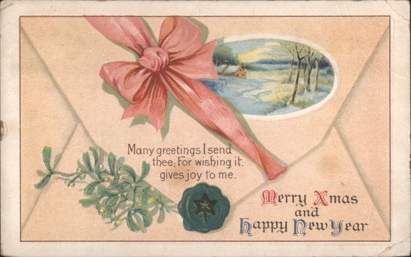 Merry Christmas and Happy New Year with Pink Bow and Winter Scene