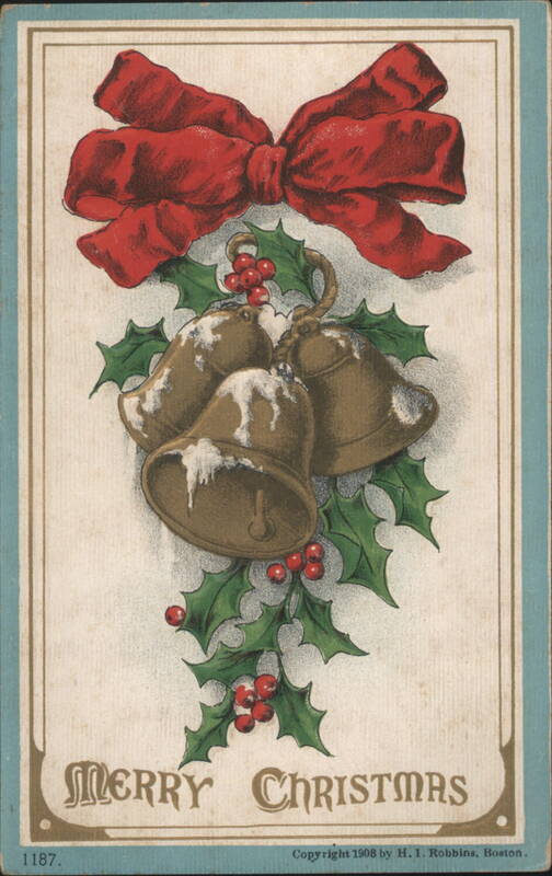 Christmas Bells with Holly and Red Bow, Merry Christmas Greeting