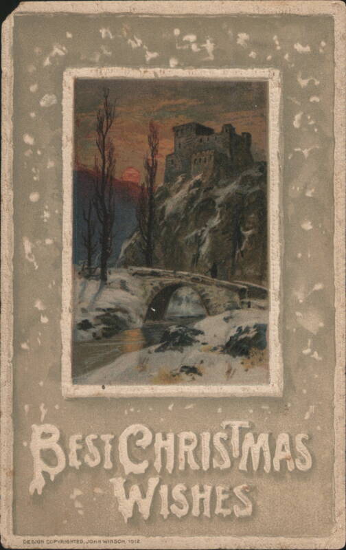 Snowy Castle and Bridge at Sunset with Best Christmas Wishes