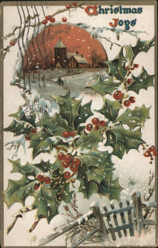 Christmas Joys with Holly, Snow, Church, and Village Scene