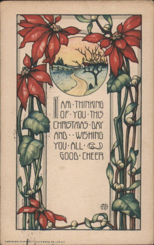 Christmas Poinsettias and Mistletoe with Winter Landscape Scene