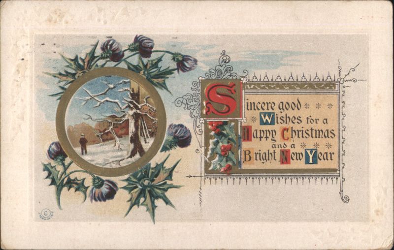 Happy Christmas & Bright New Year Greeting with Winter Scene & Thistles