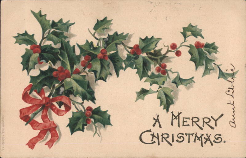 Holly Branch with Red Berries and Bow, A Merry Christmas Greeting