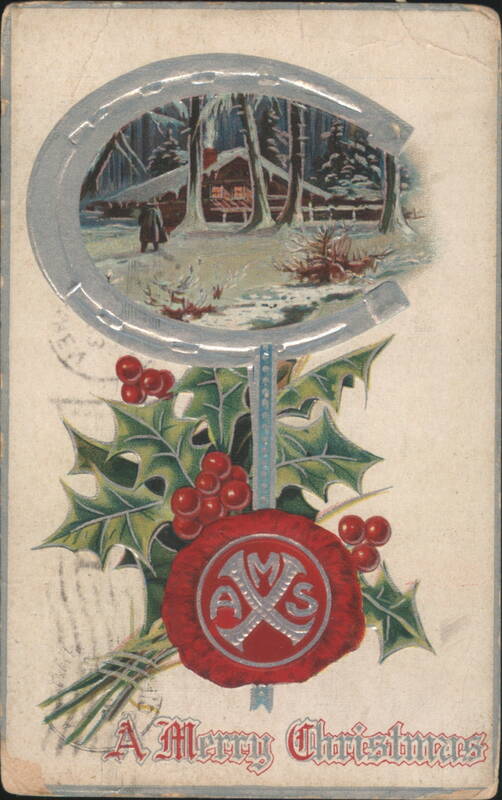 Horseshoe with Snowy Cabin Scene and Merry Christmas Greeting