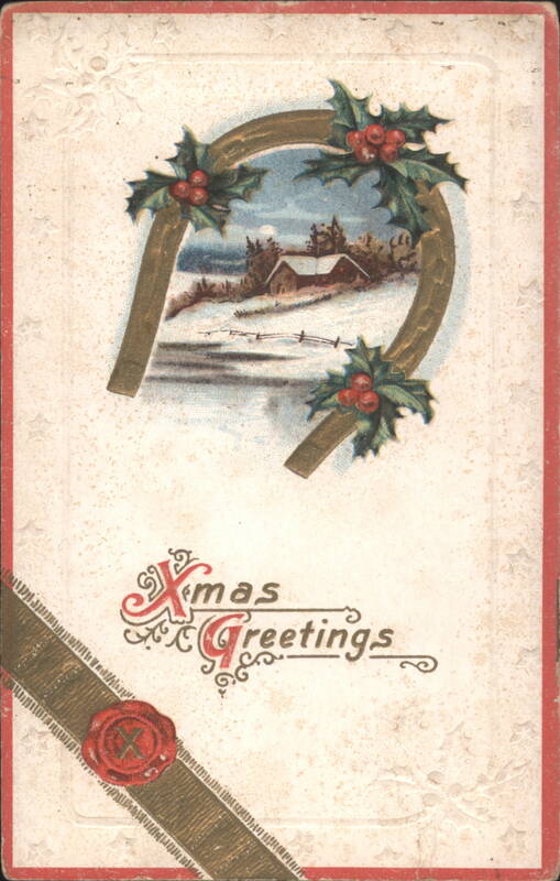 Xmas Greetings Horseshoe with Holly & Snowy Winter Scene