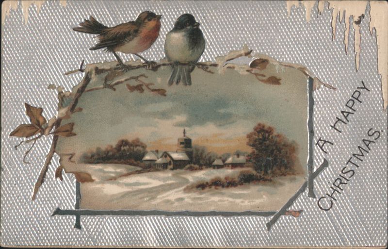 Christmas Birds Over Snowy Village Scene