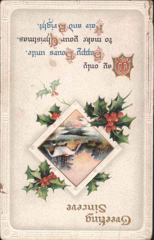 Merry Christmas Greeting with Holly and Winter Scene