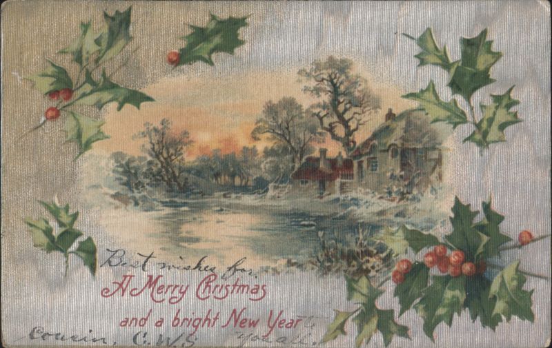 Christmas New Year Winter Scene with Holly