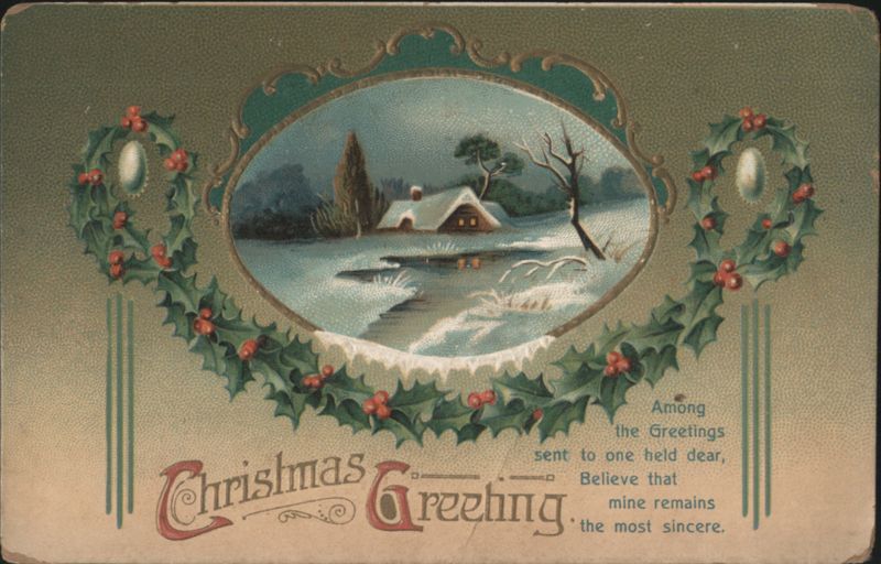 Christmas Greeting Winter Scene with Holly and Berries, Small House by Stream