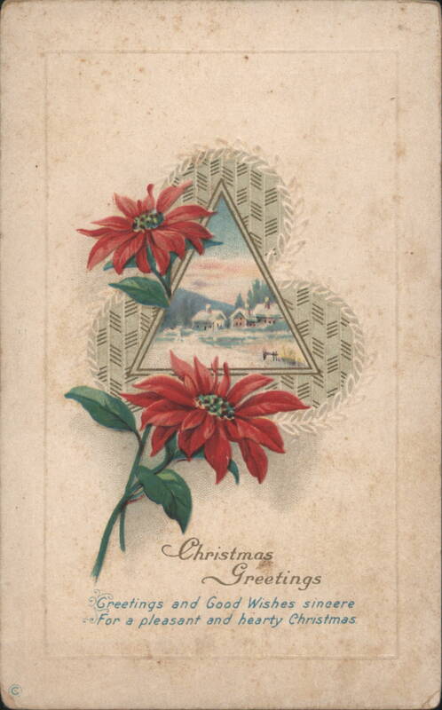 Christmas Greetings with Poinsettias and Snowy Village Scene