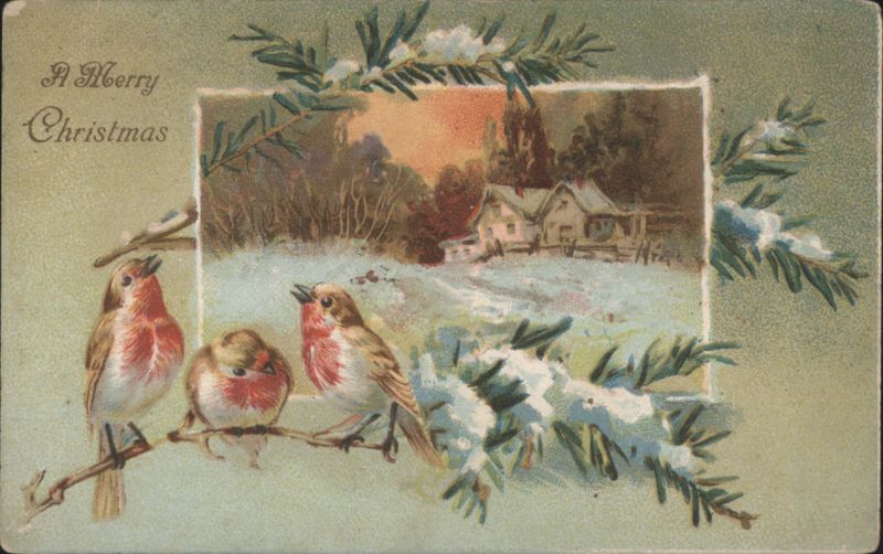 Robins on Snowy Branch, Winter Village Scene, Merry Christmas Greeting