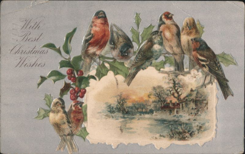 Christmas Wishes with Birds on Holly Branches and Winter Landscape