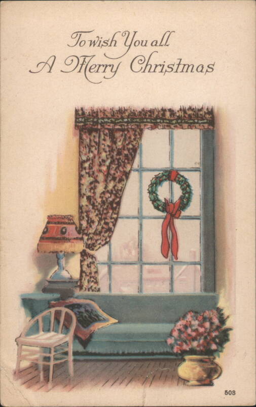 Merry Christmas Interior Scene with Window Wreath and Cozy Furniture