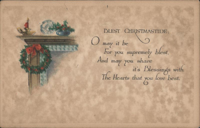 Blest Christmastide Greeting with Mantel, Candle, and Wreath