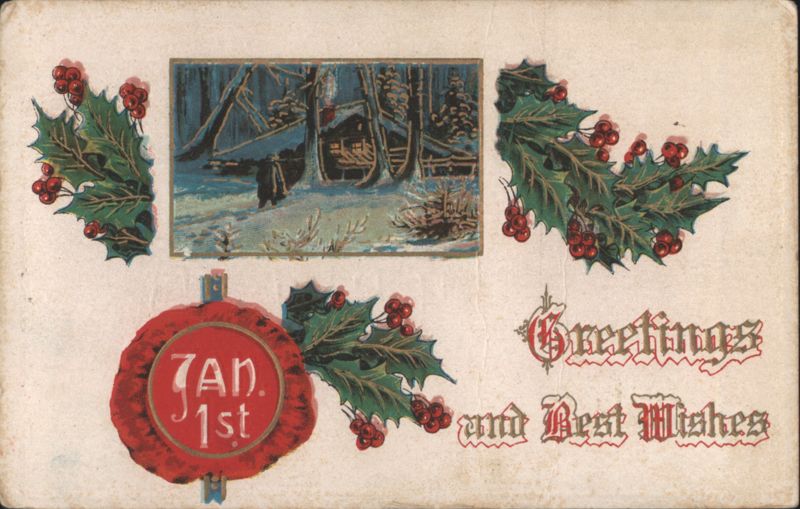 New Year's Greetings, Winter Cabin Scene with Holly & Berries