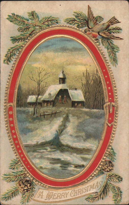 Snowy Winter House with Bird and Pine Boughs, A Merry Christmas