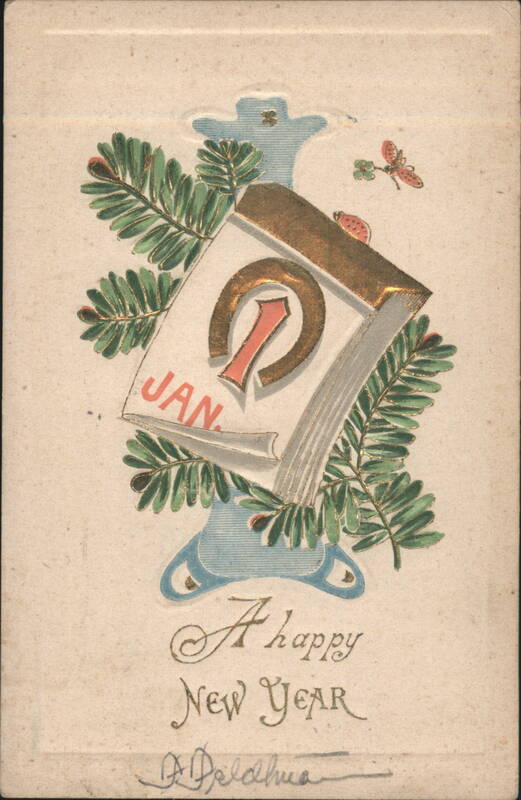 Happy New Year Calendar with Horseshoe & Pine Branches