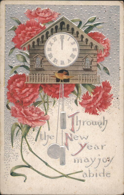 New Year's Cuckoo Clock with Carnations and 'May Joy Abide' Greeting