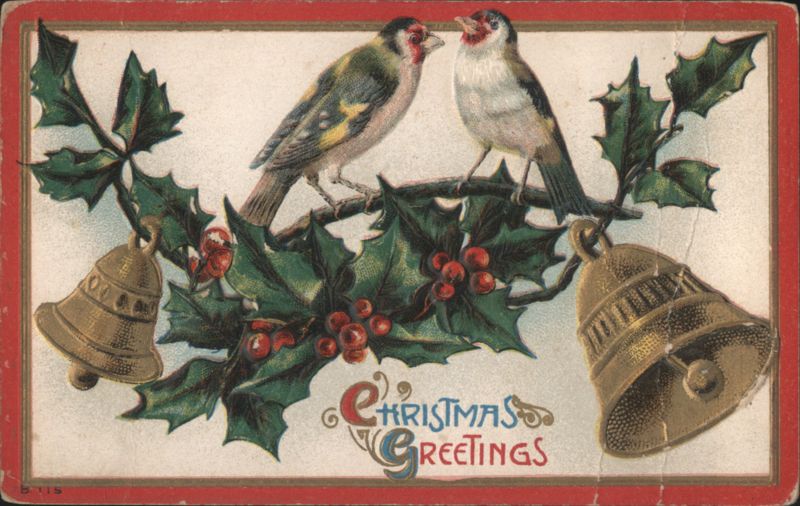 Christmas Greetings with Two Birds, Holly, and Bells