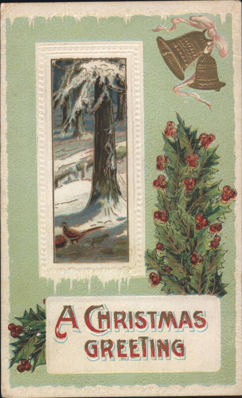 A Christmas Greeting with Snowy Forest Scene, Holly, and Bells