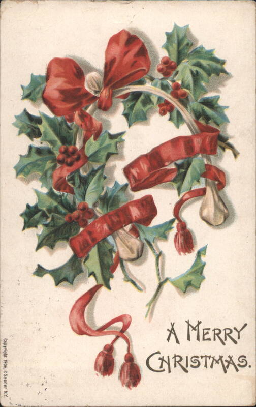 Christmas Wreath with Holly, Berries, and Red Ribbons