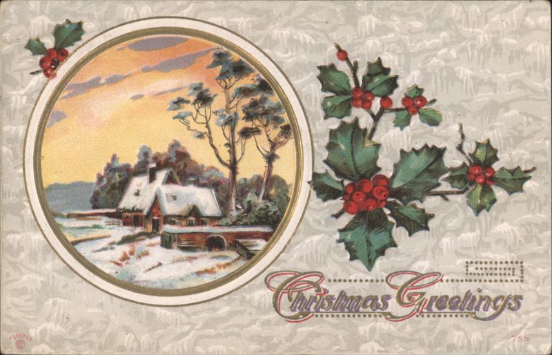 Christmas Greetings: Winter Landscape with Snow-Covered House and Holly Berries