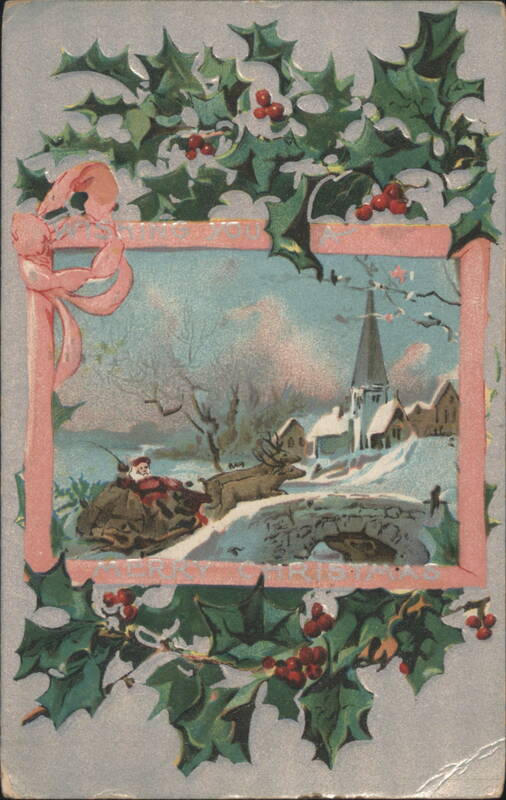 Santa Claus in Sleigh with Deer in Snowy Village, Holly Frame, Christmas